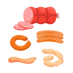Meat products set. Sausages with slices. Whole and sliced farm meat products.