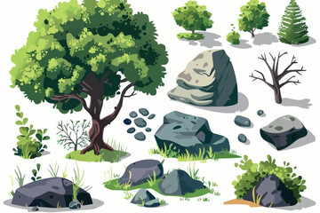 Empty stone caves entrance in the forest and jungle. Wild caves opened on lawn among the trees. Old den in rock with dark passage to underground depths. Vector illustrations set isolated