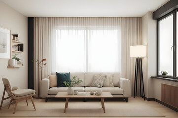 Well-lit modern living room with neutral tones, featuring a comfortable sofa, stylish armchair, and elegant decor details