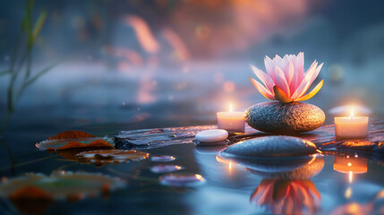 Enchanted evening lake scene with lotus and candles