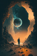 Man standing in cave looking at planet atmosphere sky cloud world.