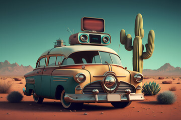 Retro car parked in desert. Cactus sky landscape vintage style.