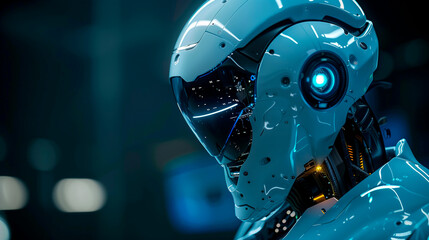 Fototapeta premium Side view and close up of a cyborg. Artificial Intelligence and futuristic technology concept.