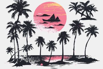 Pink beach sunshine grunge palm and biach in vintage style on white background. Sunset light. Vector silhouette.