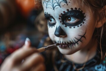 Young girl applying Halloween makeup