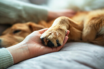 Human hand holding a dog paw gently