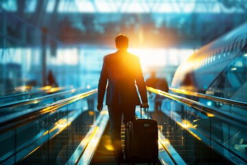 Business traveler brings his luggage at the airport with sunrise in the background