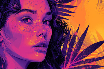 Fototapeta premium Fashion illustration stylized portrait of a woman with palm leaves