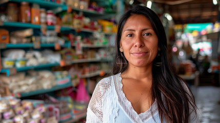 Confident Latin American Grocery Store Owner Standing Tall and Smiling, Showcasing Her Local Small Business