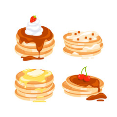 Homemade Pancakes with Jams. Stacks of tasty pancakes. Delicious breakfast food.