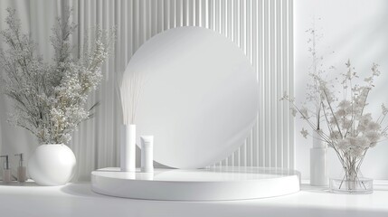 A white vase with white flowers sits in front of a white wall. A white cylinder and a white oval sit next to the vase. A white circle is mounted on the wall behind the objects.

 - Powered by Adobe