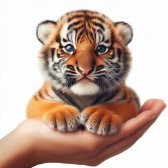 Obraz premium real little Tiger sit on hand smiles widely Isolated on white background