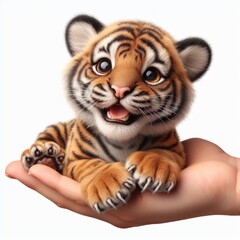 Obraz premium real little Tiger sit on hand smiles widely Isolated on white background