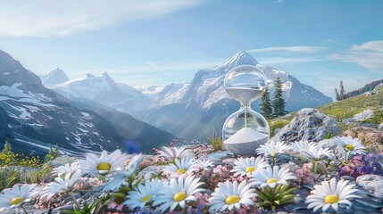 time symbolized by an hourglass against a serene natural backdrop.