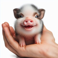 side view real photo small pig on hand smiles widely Isolated on white background