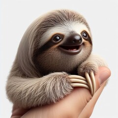 Fototapeta premium side view real photo small Sloth on hand smiles widely Isolated on white background