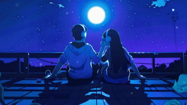 An animation of a couple stargazing on a rooftop, wrapped in blankets and listening to Lofi music, 2D flat Japanese anime-style 4k lofi hip-hop bites landscape music background animation video