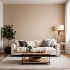 Sophisticated and simple living room decor with a neutral sofa, decorative greenery, and a wooden coffee table on a beige rug