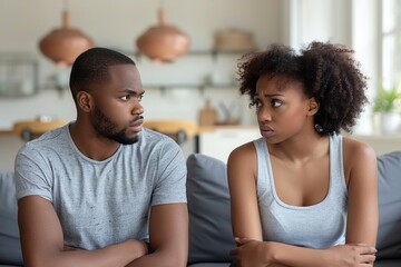 Young couple having a serious conversation with concerned expressions indoors, possibly working through a disagreement or problemsolving in a domestic setting