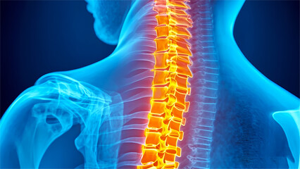Human spine in x-ray on blue background. The neck spine is highlighted and illuminated by yellow red colour.