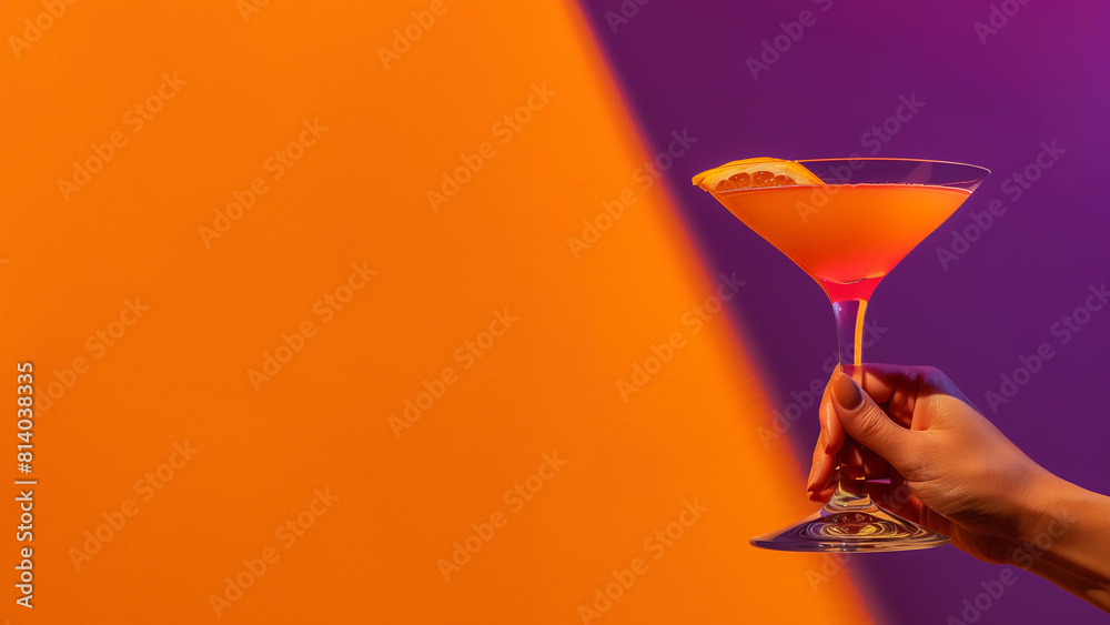 Wall mural hand holding a orange cocktail in a martini glass against a purple and orange background, in the sty