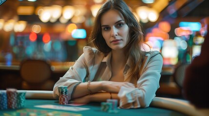 Fototapeta premium Serious and elegant white woman playing poker in a casino, luxury photography, poker, generative ai