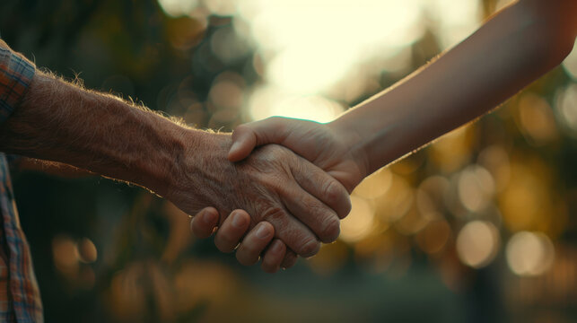 Heartfelt handshake between a father and son captured at sunset, symbolizing love, respect, and generational connections