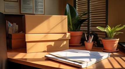 Cardboard box with folders and office accessories,