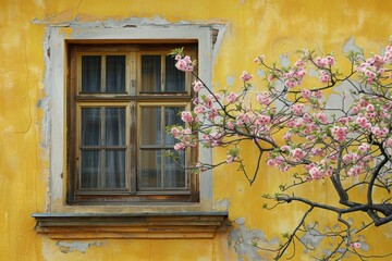 Facade of an old house, window and blooming tree