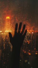 Silhouette of a hand against a wet window at night with city lights