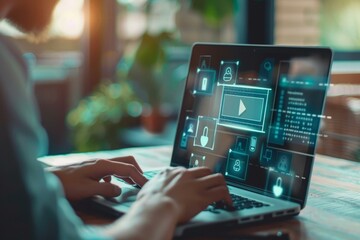  Person using a modern laptop with futuristic digital security interface, technology and cybersecurity themes.
