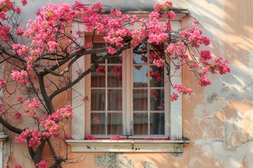 Facade of an old house, window and blooming tree