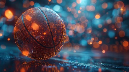 Glowing basketball on reflective surface with bokeh lights