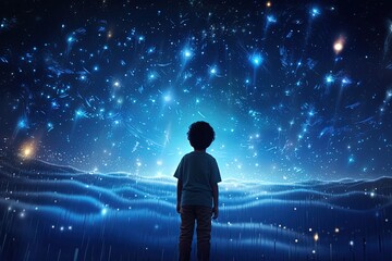 Fototapeta premium Kid dreaming of spaceflight on sky background