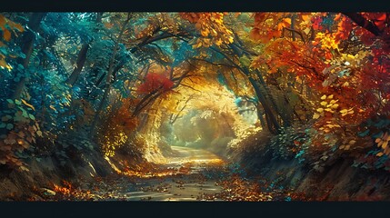 Along the roadside, a canopy of colorful autumn leaves creates a tunnel of vibrant hues, through which shafts of sunlight filter down to illuminate the forest floor below.