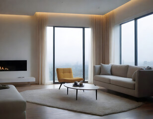 Fototapeta premium Inviting modern living room with a beige sofa, yellow armchair, fireplace, and large windows offering a stunning view of the city skyline