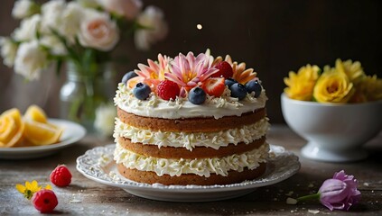 Flower cake, flowers, food photography, beautiful, delicious food, recipe photography, realistic, natural light, colorful, food art, object photography, still life food photography, ultra hd, bokeh, c