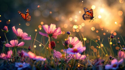 Cosmos blooming at dusk, beautiful butterflies flying around, colorful flowers and grass hyper realistic 