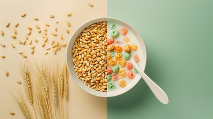 bowl of whole grains and colorful cereal with milk