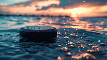 A Bluetooth speaker floating in a pool of water, with sparkling water droplets on its surface,...