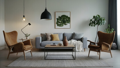 Chic and inviting living area with modern furniture, elegant indoor greenery, and calming neutral hues for a refined and cozy home ambiance