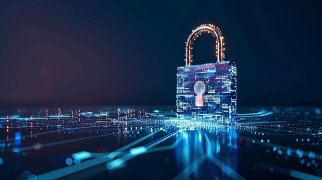 digital padlock on abstract cyber security technology blue background with binary code hyper realistic 