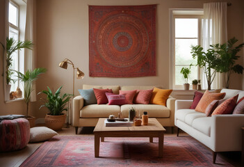 Cozy living room with bohemian decor, vibrant pillows, greenery, and unique wall tapestry