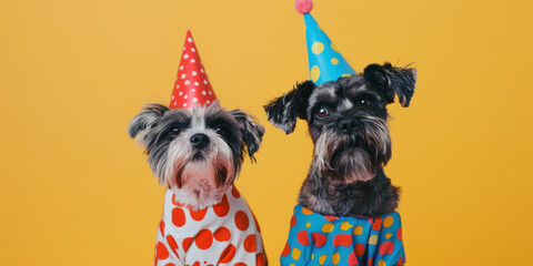 Two dogs in crazy party outfits with party hats
on yellow background, advertising, creative party animal concept, copy space, birthday party invitation card