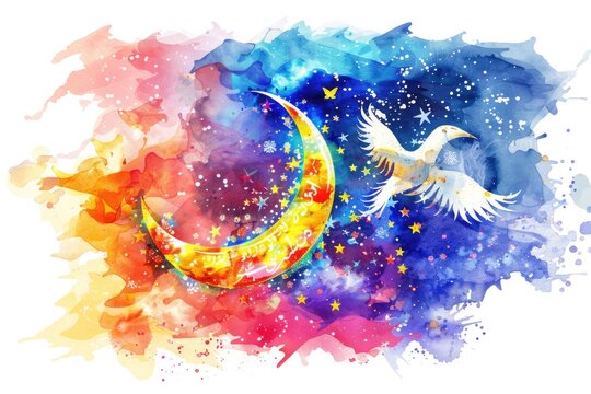 Watercolor painting of a bird flying over a crescent moon. Suitable for nature and fantasy themed designs
