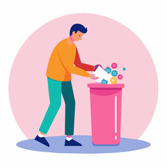 Illustration of a man discarding medications in a recycling bin. Proper disposal concept flat style vector illustration
