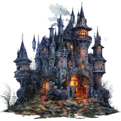 Haunting Gothic Mansion on a Gloomy Moonlit Night with Looming Towers and Mysterious Lights description, isolated on transparent background.