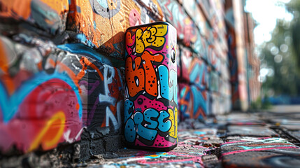 A graffiti-covered Bluetooth speaker with bold colors, leaning against a brick wall texture.