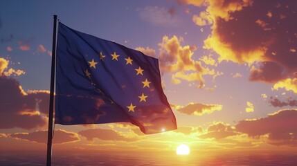 Flag of European Union waving in the breeze against a sunset sky. Banner with EU flag. hyper realistic 