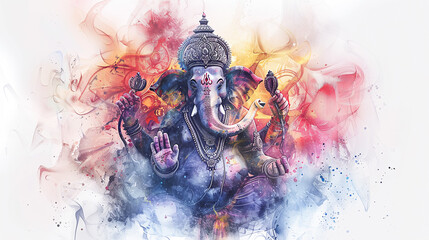 lord Ganesha in comic book style on white background, ready for adventures in digital watercolor painting